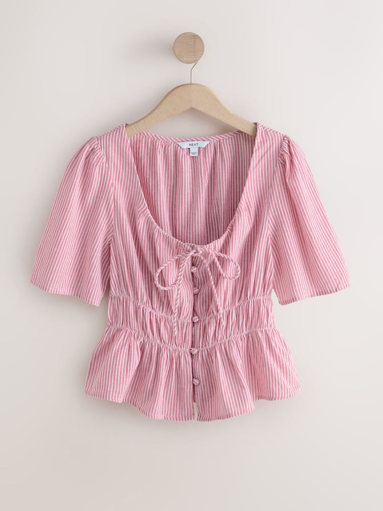 Red/White Stripe Tie Front Short Sleeve Blouse - Image 1 of 3