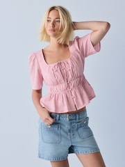 Red/White Stripe Tie Front Short Sleeve Blouse - Image 4 of 9