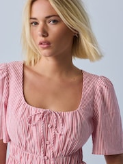Red/White Stripe Tie Front Short Sleeve Blouse - Image 6 of 9