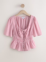 Red/White Stripe Tie Front Short Sleeve Blouse - Image 7 of 9