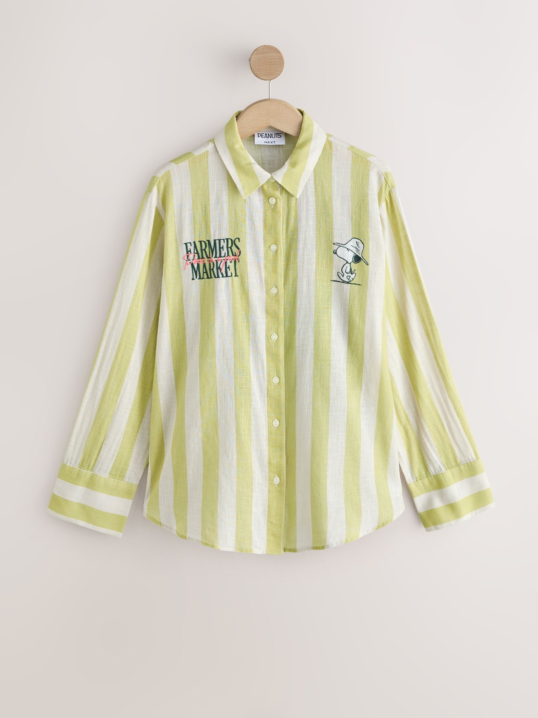 Womens Next Snoopy Graphic Green Stripe Relaxed Long Sleeve Shirt With Linen US 4
