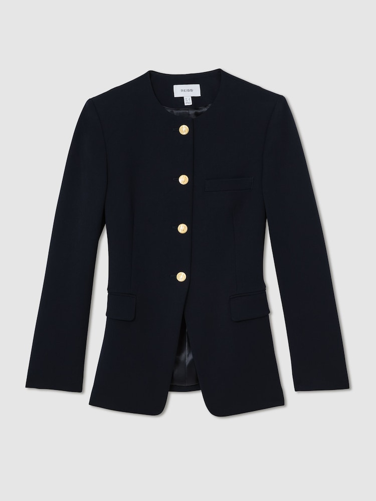 Reiss Navy Kate Collarless Button-Through Fitted Jacket - Image 2 of 7