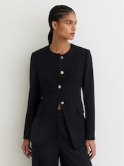 Reiss Navy Kate Collarless Button-Through Fitted Jacket - Image 3 of 7