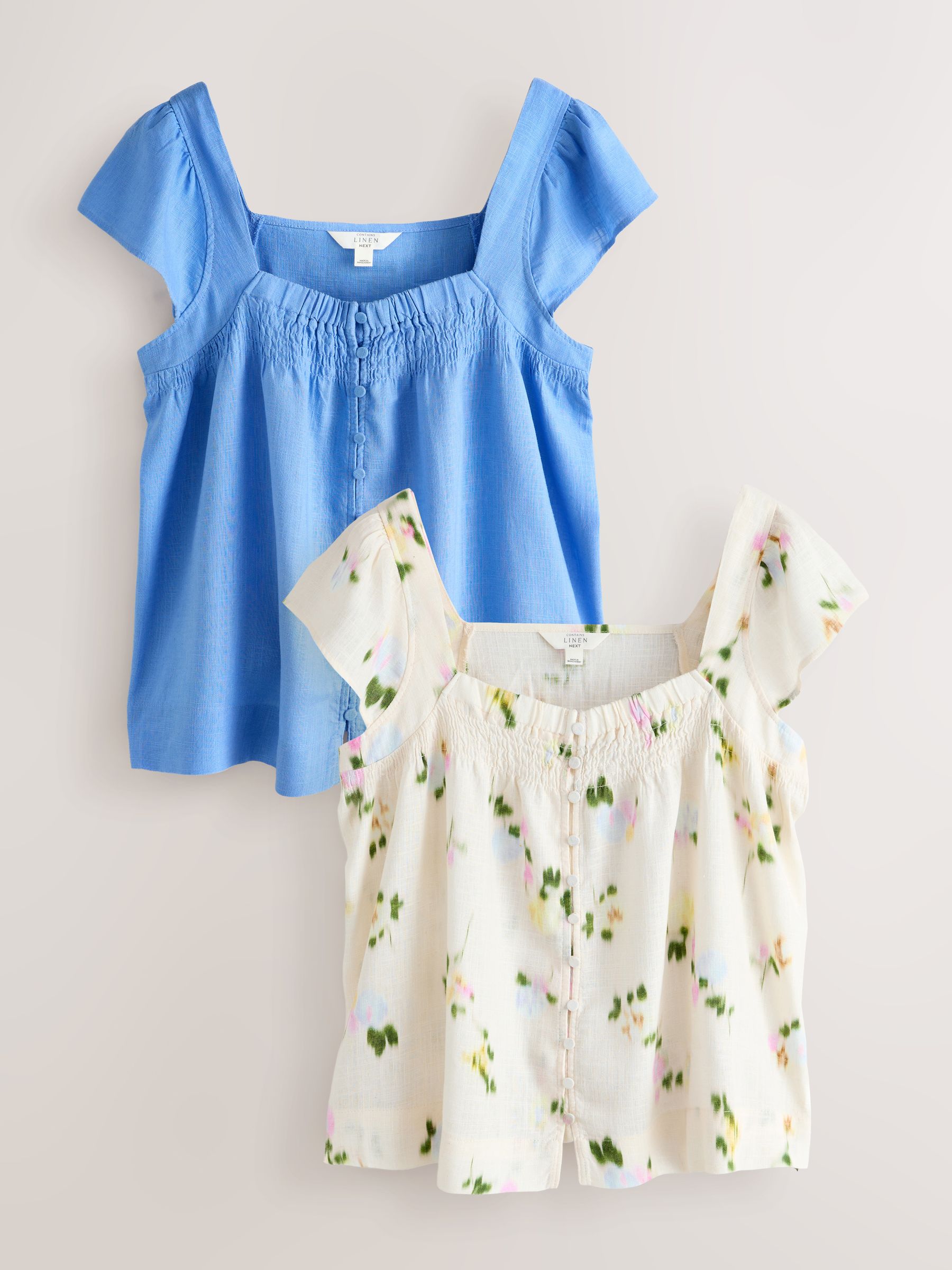 Buy Chambray Blue/Ecru Floral Flutter Sleeve Button Front Tops 2
