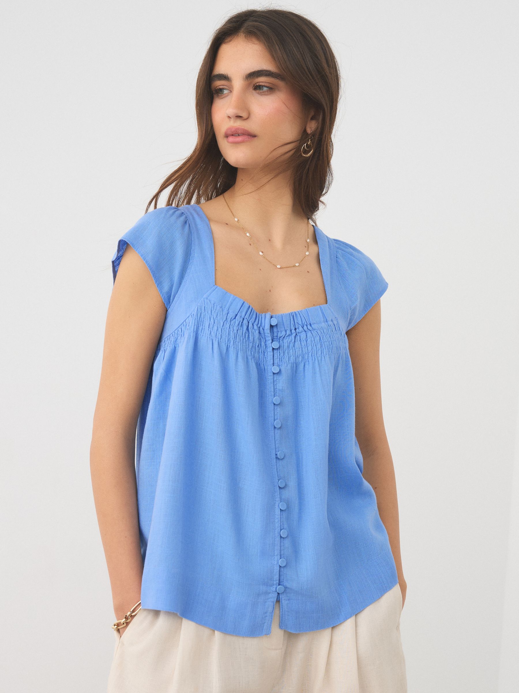 Buy Chambray Blue/Ecru Floral - Flutter Sleeve Button Front Tops 2