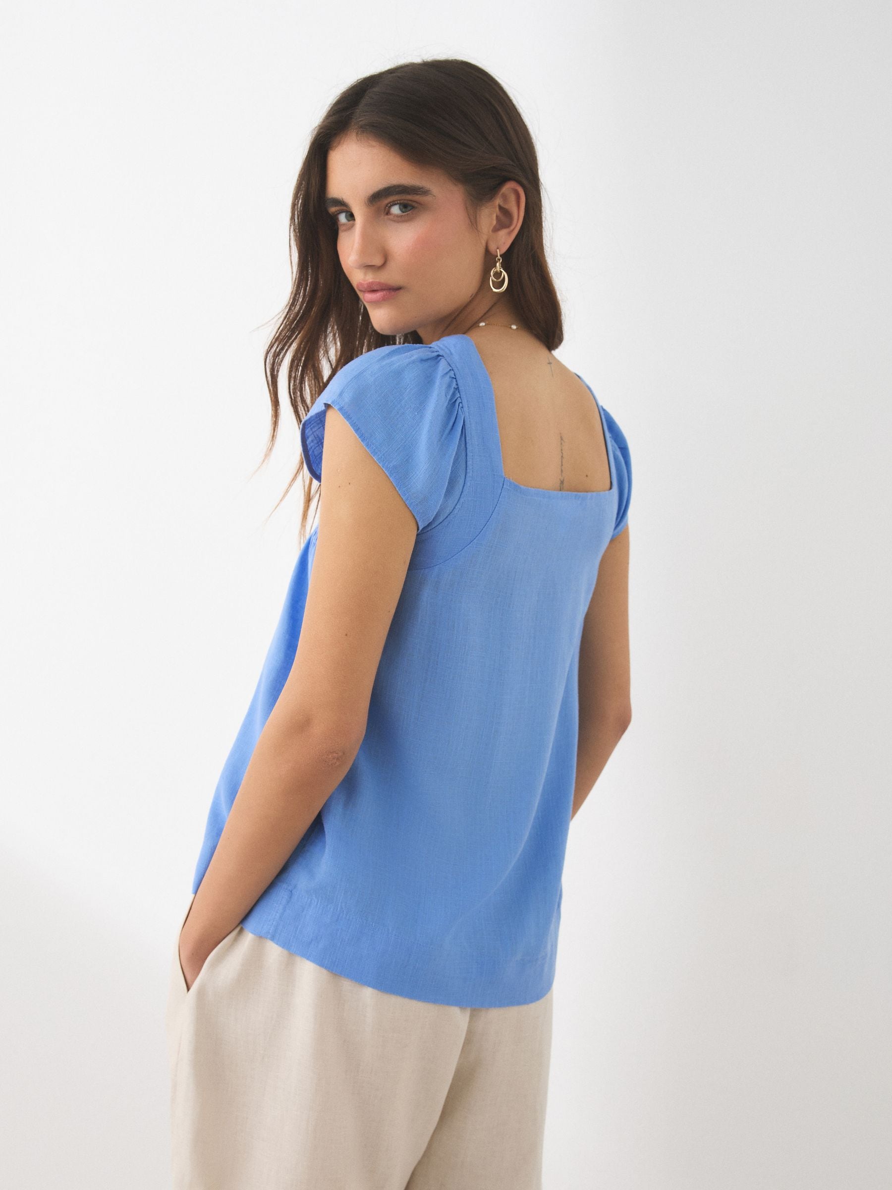 Buy Chambray Blue/Ecru Floral - Flutter Sleeve Button Front Tops 2