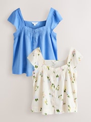 Two Pack Pastel Blue/ Ecru Floral - بلوزة بأكمام منفوخة وأزرار أمامية من الكتان - صورة 5 من 9