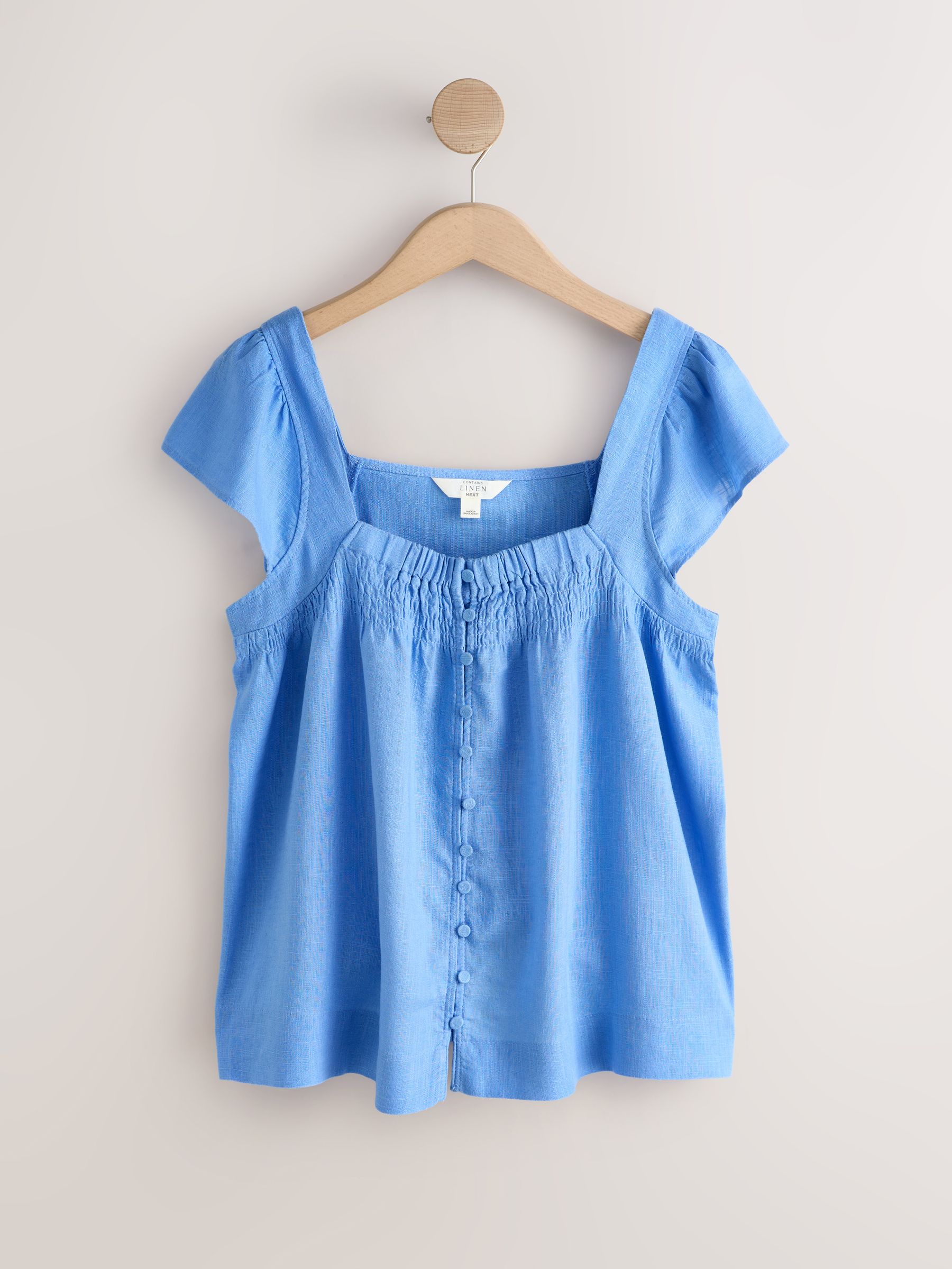 Buy Chambray Blue/Ecru Floral Flutter Sleeve Button Front Tops 2