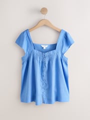 Two Pack Pastel Blue/ Ecru Floral - بلوزة بأكمام منفوخة وأزرار أمامية من الكتان - صورة 6 من 9