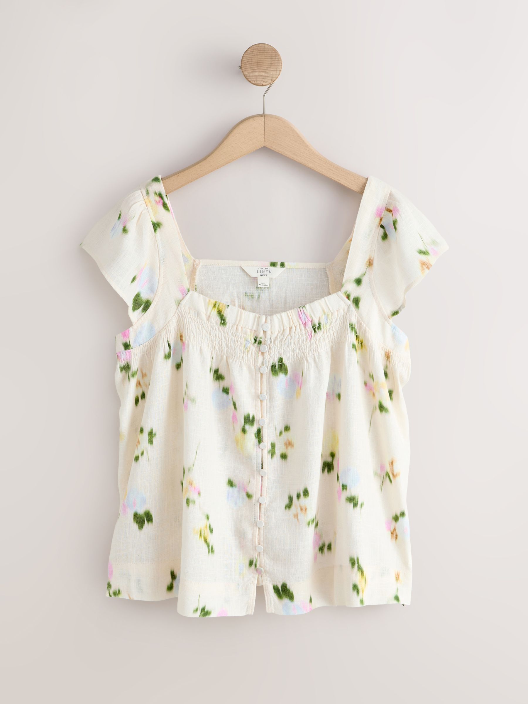 Buy Chambray Blue/Ecru Floral Flutter Sleeve Button Front Tops 2