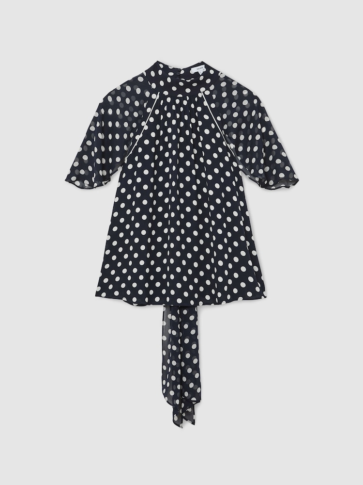Reiss Navy/Ivory Alliana Polka-Dot Tie-Neck Blouse - Image 2 of 8