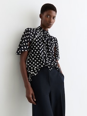 Reiss Navy/Ivory Alliana Polka-Dot Tie-Neck Blouse - Image 4 of 8