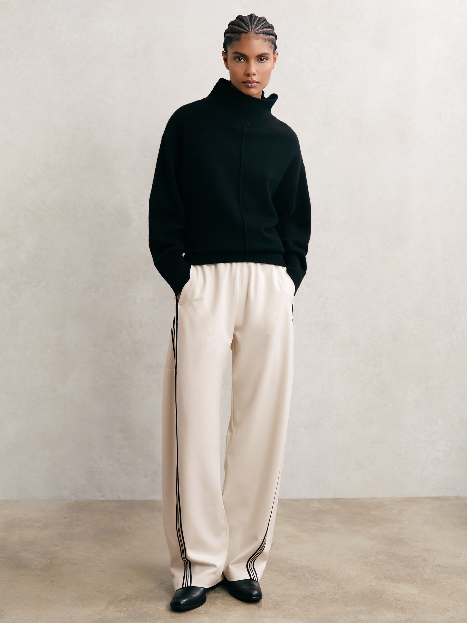 Buy Reiss Cream Elle Petite Barrel-Leg Side-Stripe Trousers from