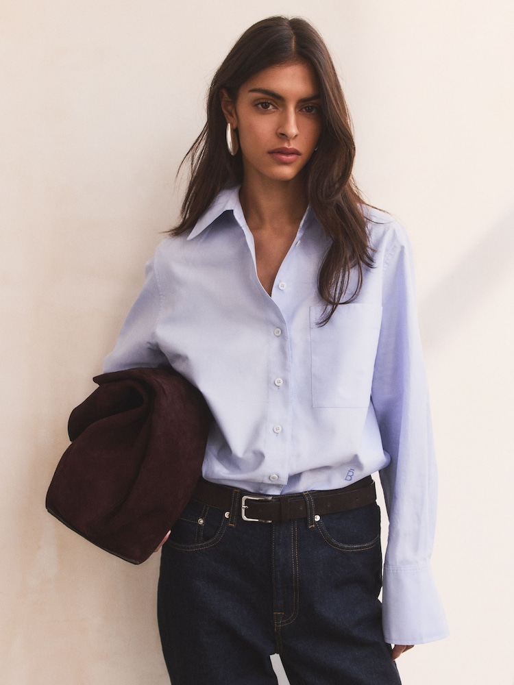 BHOEM Blue Oxford Cotton Shirt With Embroidery Detail - Image 1 of 5