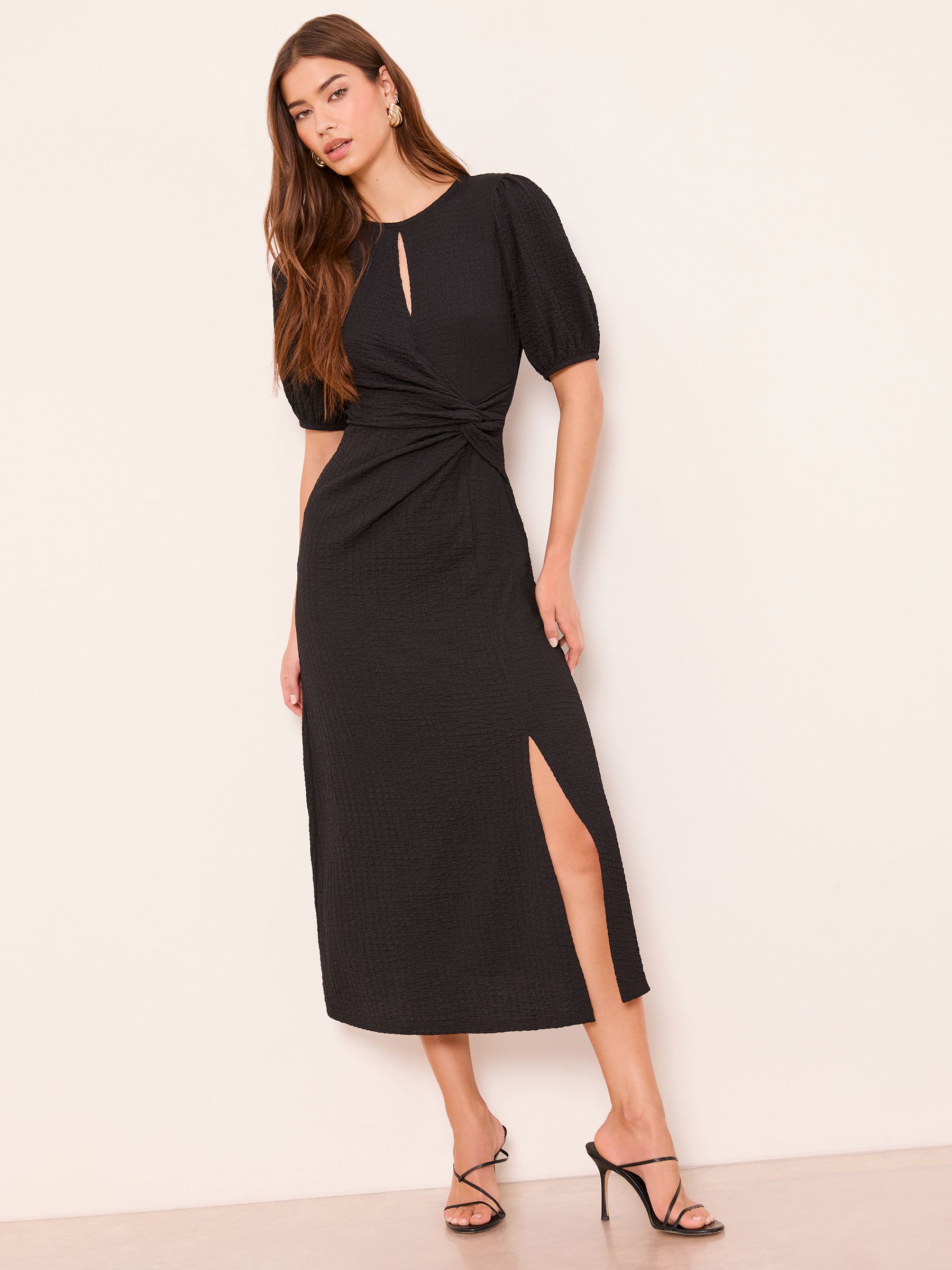 Buy Lipsy Black Textured Jersey Puff Sleeve Knot Side Midi Dress