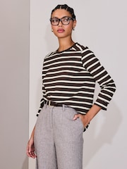 Chocolate Brown/Cream Stripe - تيشِرت ثقيل بحافة رقبة مستديرة وكُم طويل - Image 1 of 8