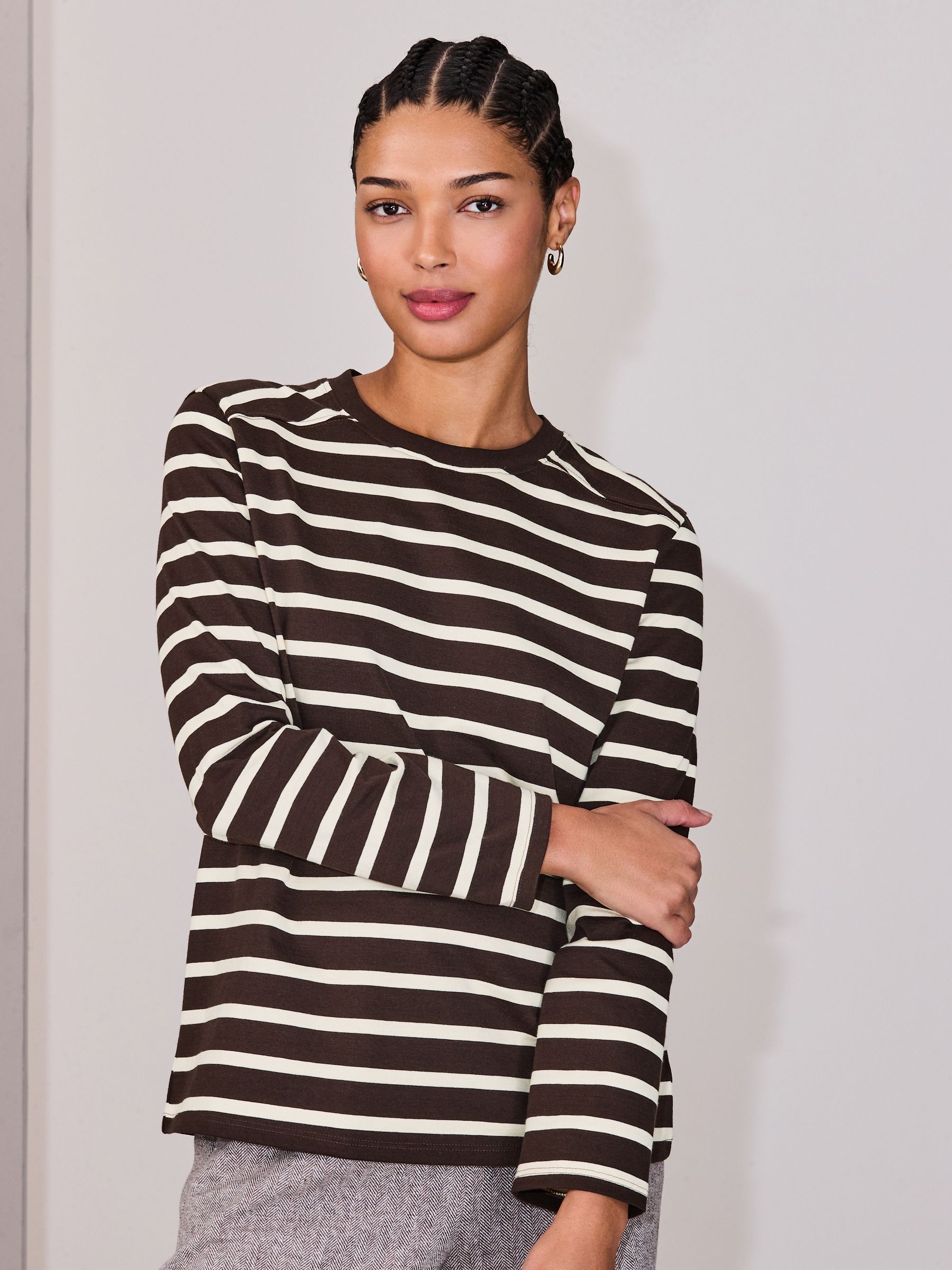 Buy Chocolate Brown/Cream Stripe Long Sleeve Heavyweight Crew Neck