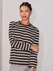 Chocolate Brown/Cream Stripe - تيشِرت ثقيل بحافة رقبة مستديرة وكُم طويل - Image 3 of 8