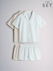 The Set 2 Pack Seersucker Button Through Shorts Pyjama Sets Neutral/Light Blue - Image 8 of 8