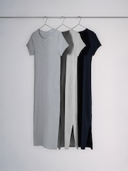 The Set 3 Pack Ribbed Midi Dresses Navy Blue/Grey Stripe/Grey Marl - Image 1 of 3