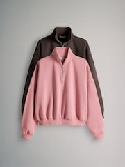 The Set 2 Pack Half Zip Ribbed Funnel Neck Sweatshirts Pink/Chocolate Brown - Image 1 of 5