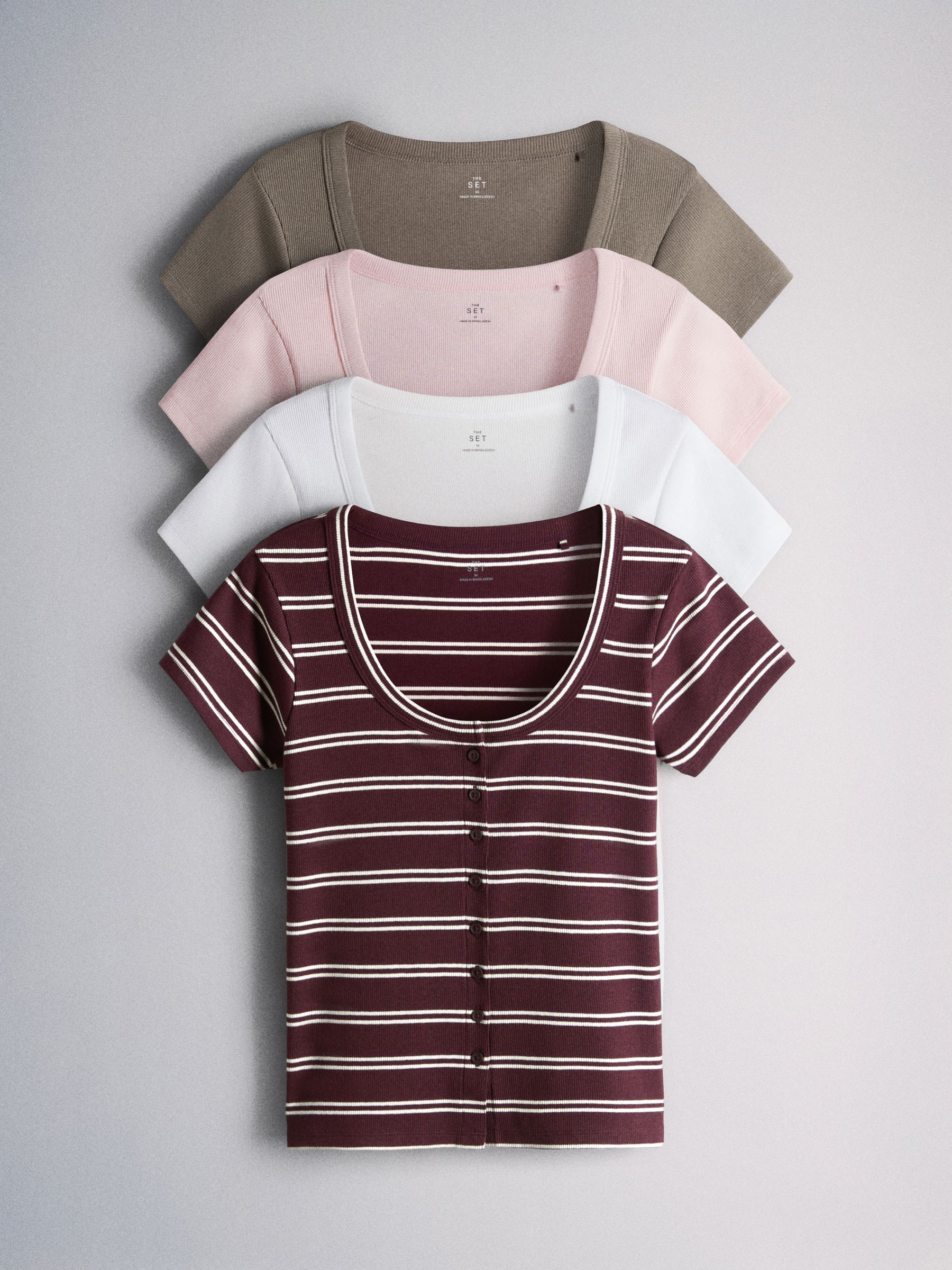 Buy The Set Scoop Neck Button Through Tops Pink/White/Neutral