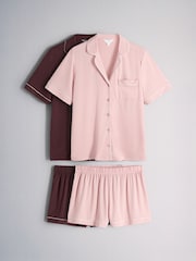 The Set 2 Pack Button Through Contrast Trim Shorts Pyjama Set Light Pink/Burgundy - Image 1 of 6