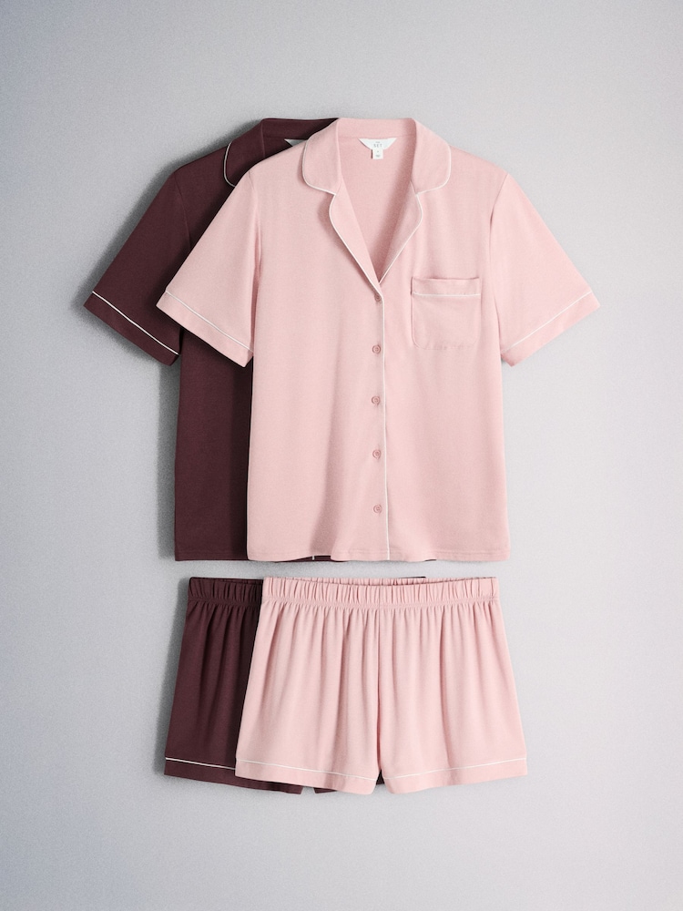 The Set 2 Pack Button Through Contrast Trim Shorts Pyjama Set Light Pink/Burgundy - Image 1 of 6