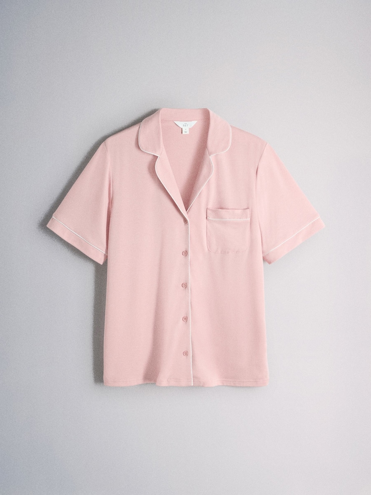 The Set 2 Pack Button Through Contrast Trim Shorts Pyjama Set Light Pink/Burgundy - Image 2 of 6