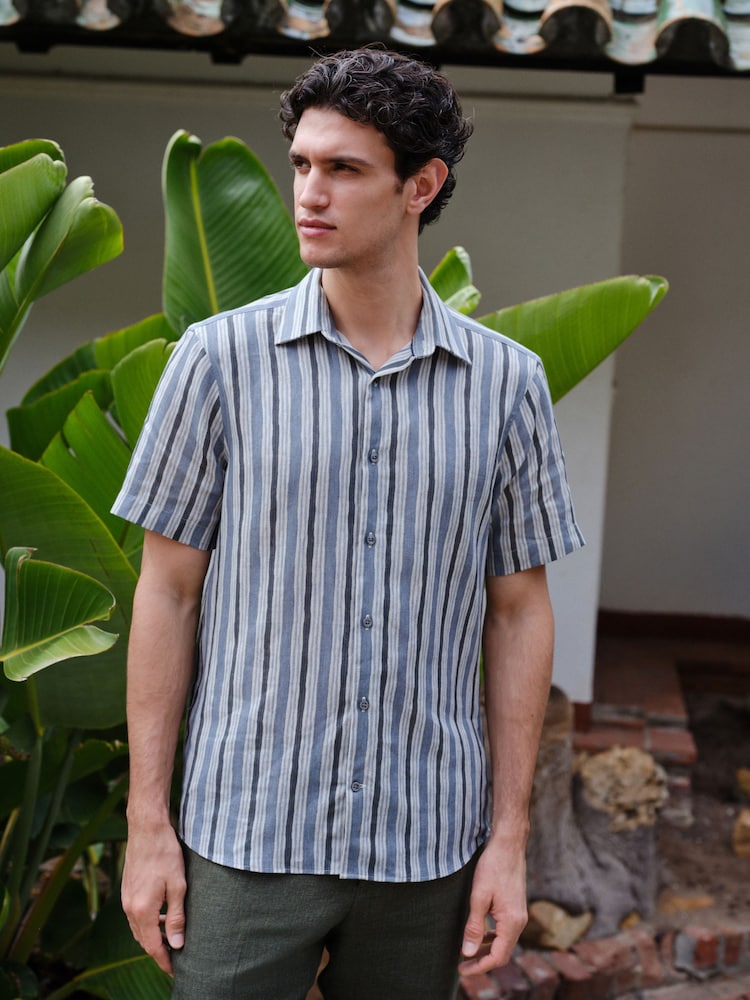 Blue 100% Linen Texta Stripe Regular Fit Signature Short Sleeve Shirt Co-ord - Image 1 of 7