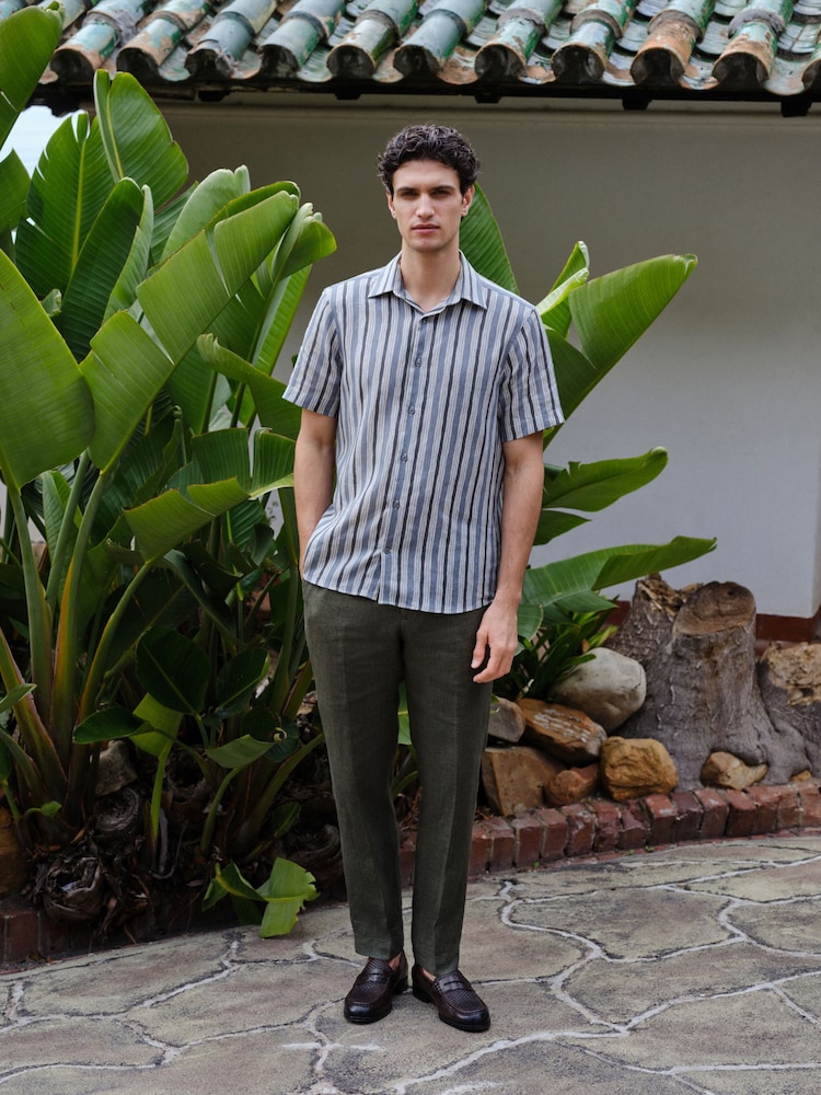 Blue 100% Linen Texta Stripe Regular Fit Signature Short Sleeve Shirt Co-ord - Image 2 of 7