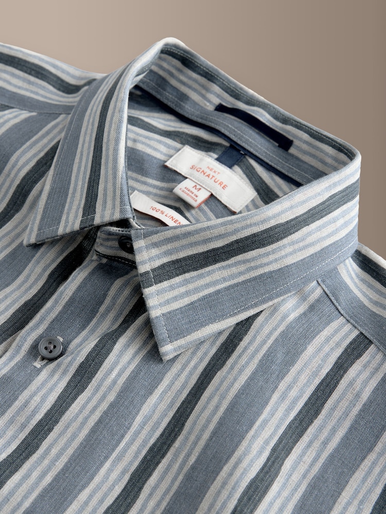 Blue 100% Linen Texta Stripe Regular Fit Signature Short Sleeve Shirt Co-ord - Image 7 of 7