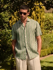 Green 100% Linen Texta Stripe Regular Fit Signature Short Sleeve Shirt Co-ord - Image 1 of 7