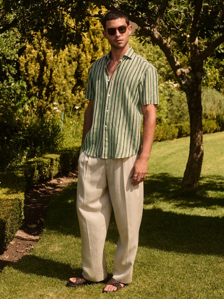 Green 100% Linen Texta Stripe Regular Fit Signature Short Sleeve Shirt Co-ord - Image 2 of 7