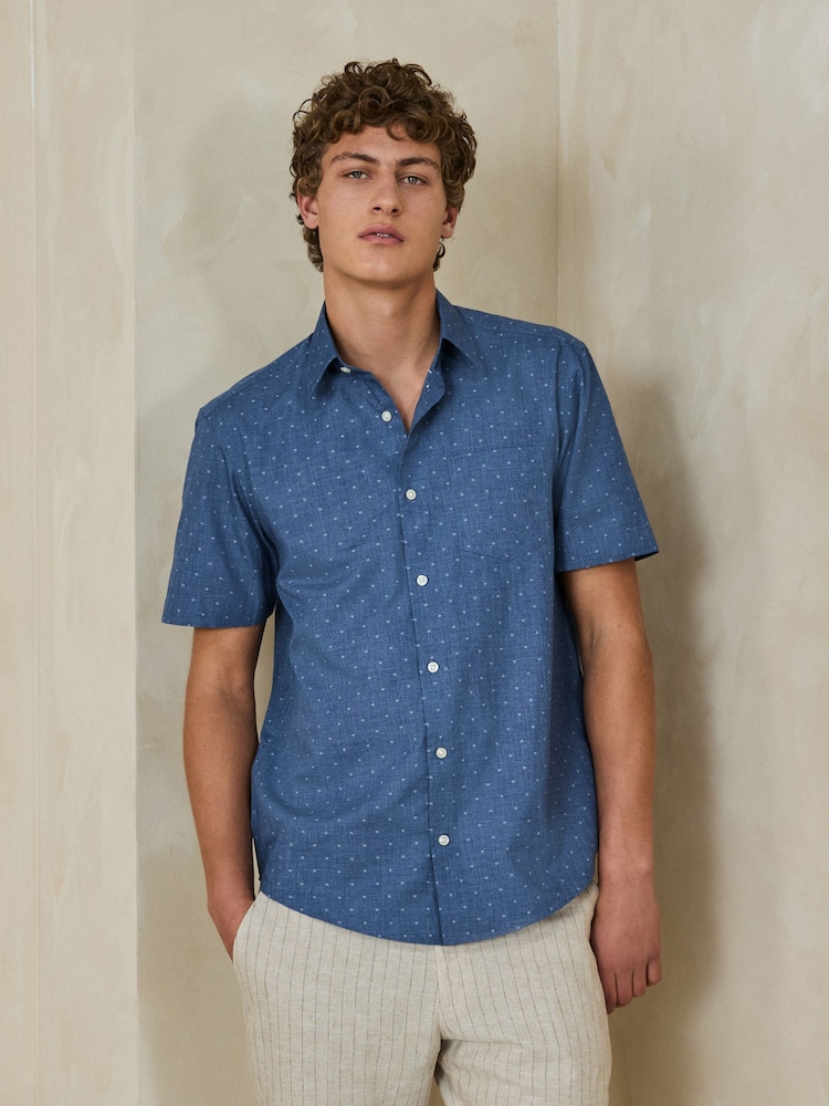 Blue Regular Fit Smart Clipped Print Short Sleeve Shirt - Image 2 of 7 Blue Regular Fit Smart Clipped Print Short Sleeve Shirt - Image 2 of 7