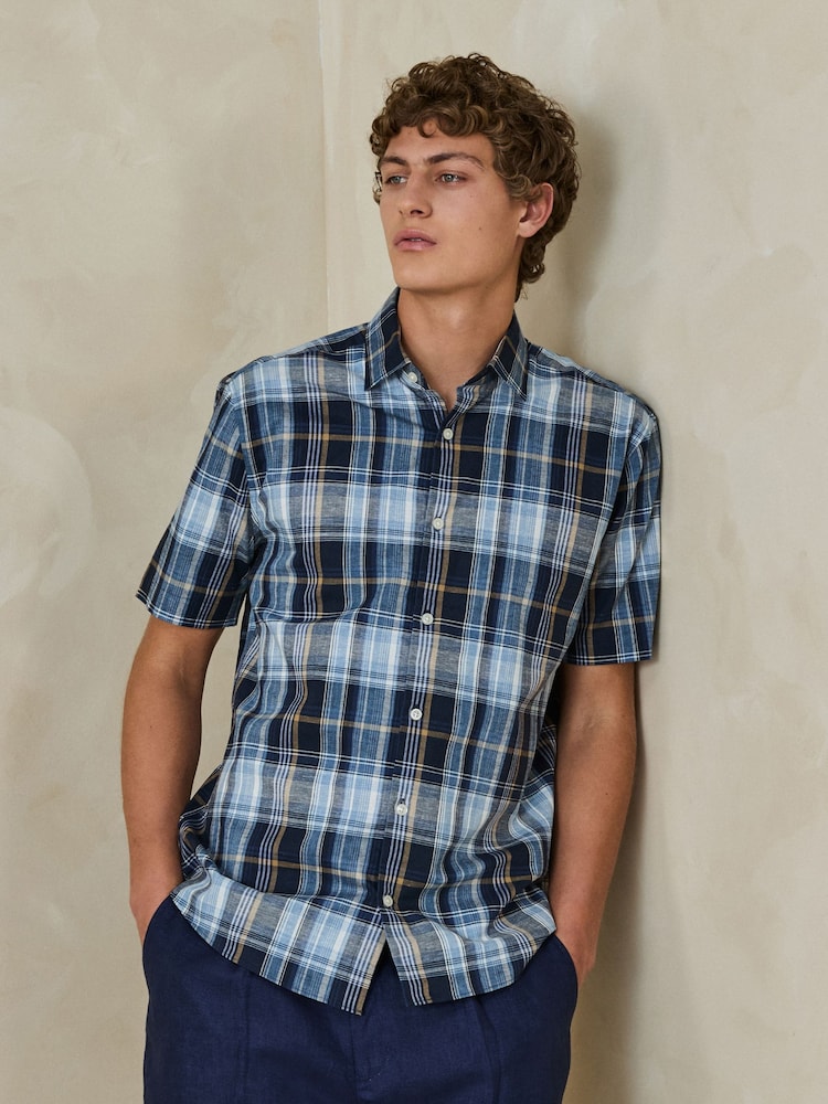 Blue Madras Regular Fit Cotton Linen Check Short Sleeve Shirt - Image 1 of 4 Blue Madras Regular Fit Cotton Linen Check Short Sleeve Shirt - Image 1 of 4