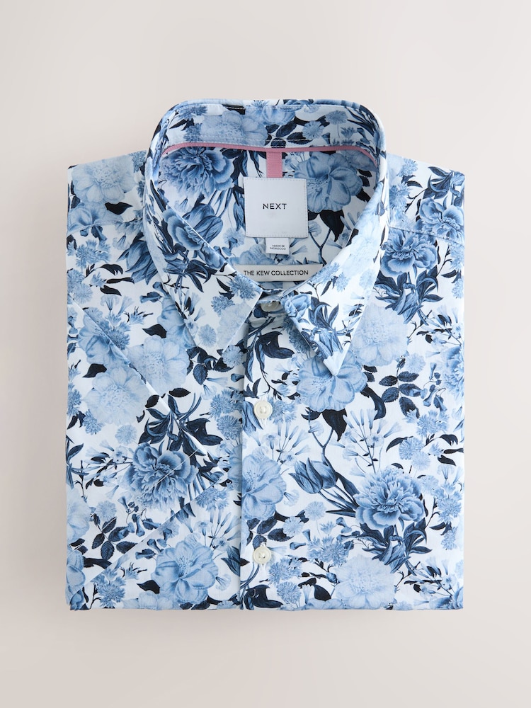 White/Blue Floral Regular Fit Kew Garden Print Short Sleeve Shirt - Image 1 of 3
