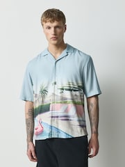 Light Blue Pool Scene Print Short Sleeve Shirt - Image 2 of 8