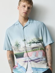 Light Blue Pool Scene Print Short Sleeve Shirt - Image 5 of 8