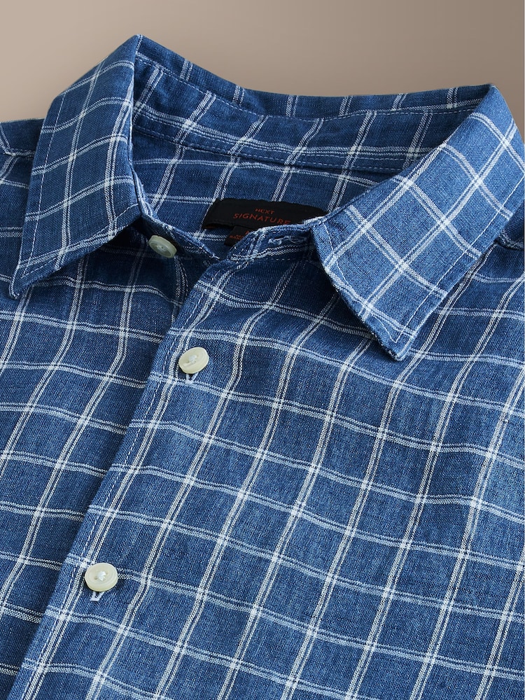Navy Check Short Sleeve Signature 100% Linen Shirt - Image 3 of 3