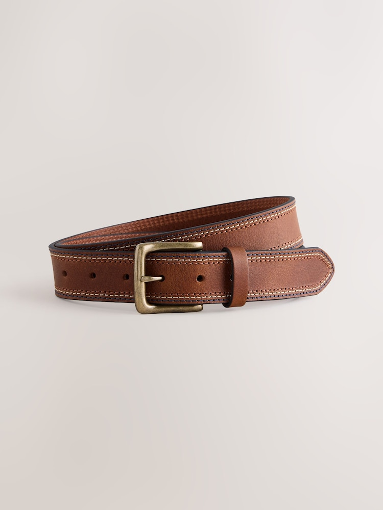 Chocolate Brown Casual Leather Belt With Contrast Stitch Detail - Image 1 of 3