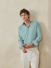 أخضر مقلم - قميص رسمي من القطن قابل للتمدد بأكمام طويلة - صورة 1 من 8