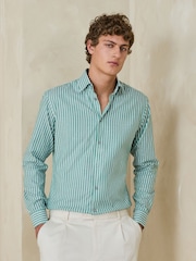 أخضر مقلم - قميص رسمي من القطن قابل للتمدد بأكمام طويلة - صورة 3 من 8