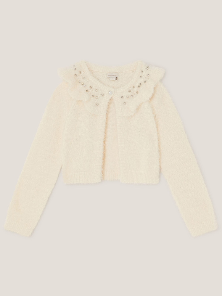 Monsoon Cream Embellished Collar Fuzzy Cardigan - Image 1 of 3