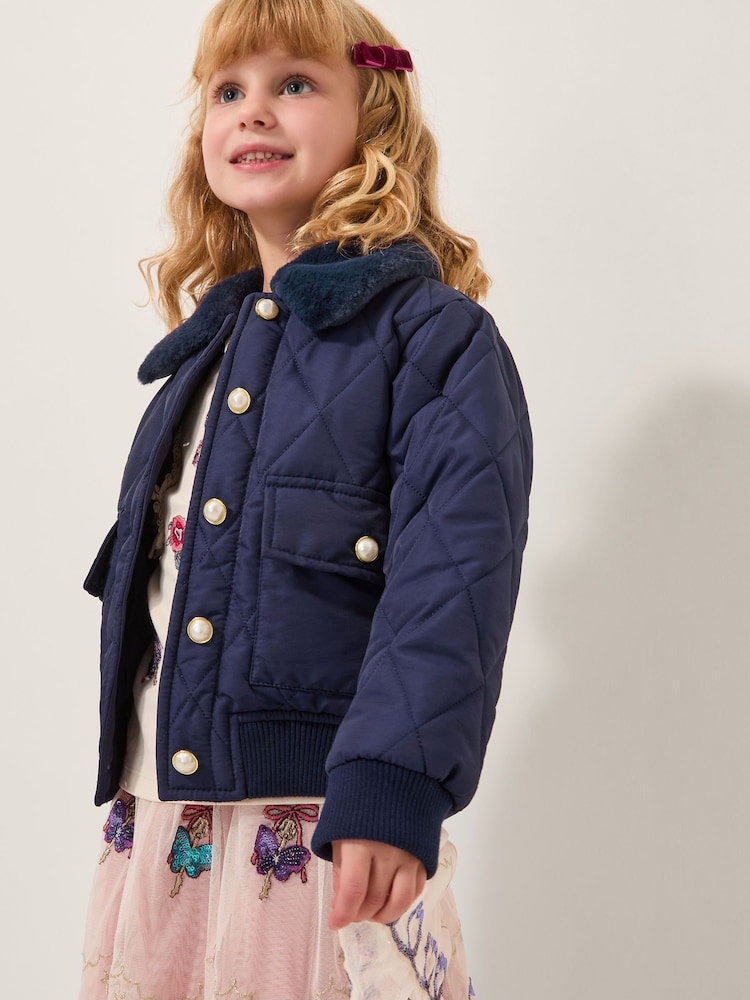 Monsoon Blue Faux Fur Collar Quilted Bomber Jacket - Image 1 of 4