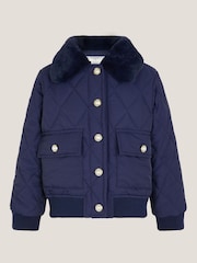 Monsoon Blue Faux Fur Collar Quilted Bomber Jacket - Image 2 of 4