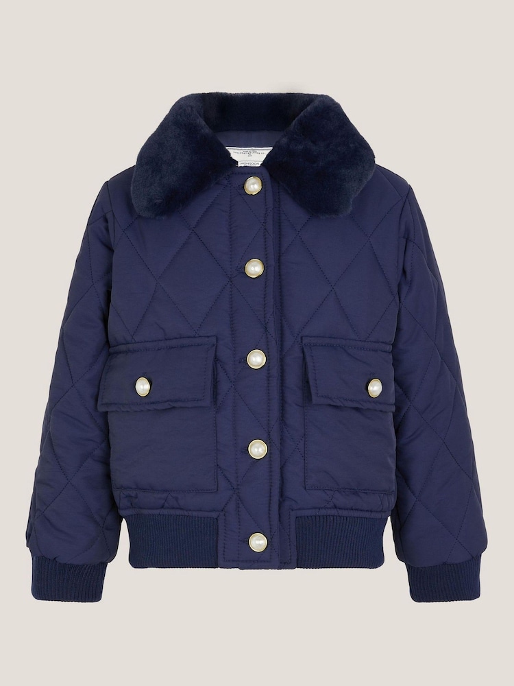 Monsoon Blue Faux Fur Collar Quilted Bomber Jacket - Image 2 of 4