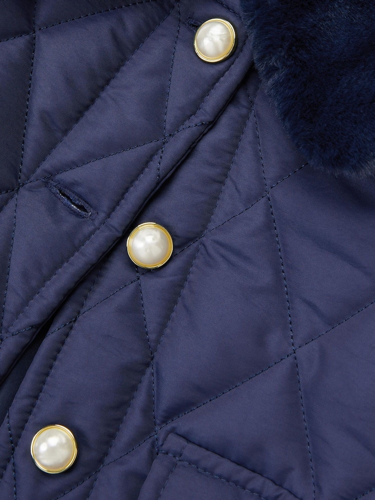 Monsoon Blue Faux Fur Collar Quilted Bomber Jacket - Image 4 of 4