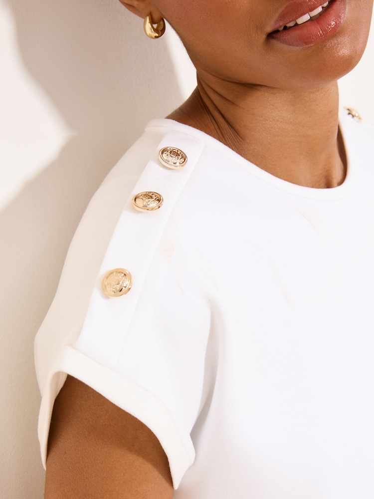Lipsy White Military Button Detail Round Neck T-Shirt - Image 2 of 5