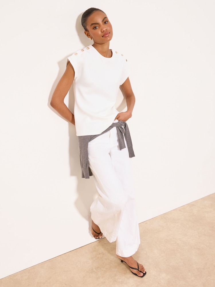 Lipsy White Military Button Detail Round Neck T-Shirt - Image 5 of 5